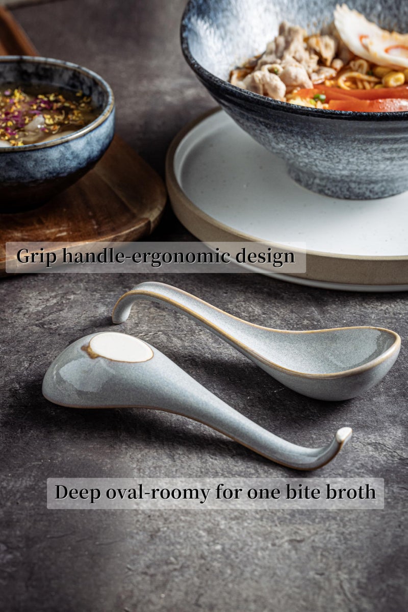 LYEOBOH Ceramic Asian Soup Spoons Set of 6 with Long Handle for Kitchen, Restaurant, Japanese Ramen Spoons with Deep Hook Design, Dishwasher & Microwave Safe, Gray - Image 3
