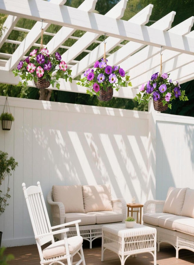 ZFProcess 2 Set Artificial Outdoor Flowers with Hanging Basket, 2 Hanging Planters Faux Silk Morning Glory Flowers for Spring Summer Front Porch Garden Patio Home Decor(Violet) - Image 5