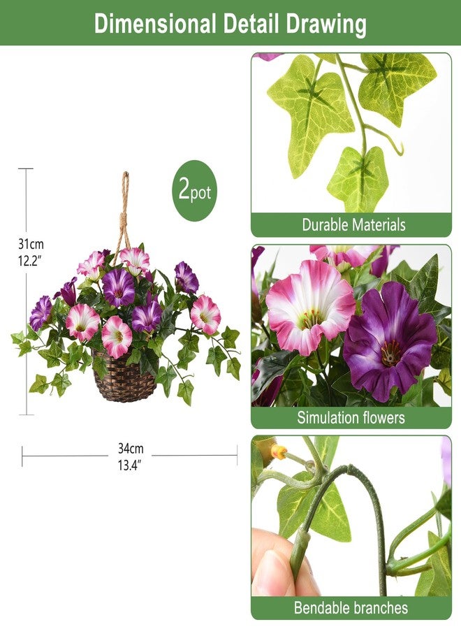 ZFProcess 2 Set Artificial Outdoor Flowers with Hanging Basket, 2 Hanging Planters Faux Silk Morning Glory Flowers for Spring Summer Front Porch Garden Patio Home Decor(Violet) - Image 2