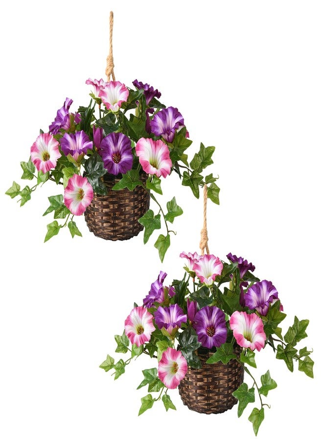 ZFProcess 2 Set Artificial Outdoor Flowers with Hanging Basket, 2 Hanging Planters Faux Silk Morning Glory Flowers for Spring Summer Front Porch Garden Patio Home Decor(Violet) - Image 1