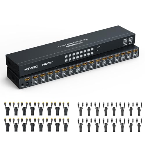 MT-VIKI 16 Port KVM Switch HDMI 4K@60Hz RGB 4:4:4, USB HDMI KVM Switch for 16 Computers Share 1 Monitor and 4 USB Devices, KVM Switches with Audio, IR Remote + Cables - Image 1