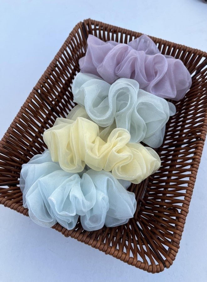 HAPPY SCRUNCHIES 4-Pack Organza Scrunchies for Women & Girls | Soft Pastel Combo (Lavender, Mint Green, Baby Blue, Lemon Yellow) | Premium Handmade Hair Ties - Image 1