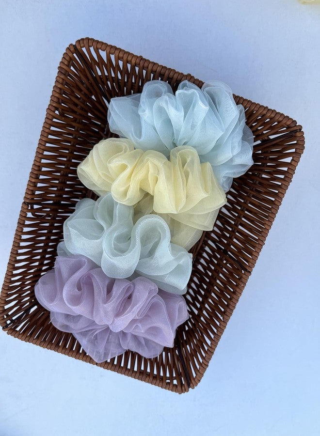 HAPPY SCRUNCHIES 4-Pack Organza Scrunchies for Women & Girls | Soft Pastel Combo (Lavender, Mint Green, Baby Blue, Lemon Yellow) | Premium Handmade Hair Ties - Image 3