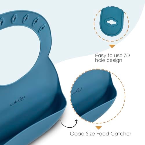 CUBKINS Silicone Baby Bib for Feeding & Weaning Babies, Toddlers with Early Feeding Bendable Spoon | Washable & Reusable, Non-Messy Easy to Clean, Adjustable Neckline with Buttons (Blue Olive) - Image 4