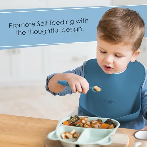 CUBKINS Silicone Baby Bib for Feeding & Weaning Babies, Toddlers with Early Feeding Bendable Spoon | Washable & Reusable, Non-Messy Easy to Clean, Adjustable Neckline with Buttons (Blue Olive) - Image 2