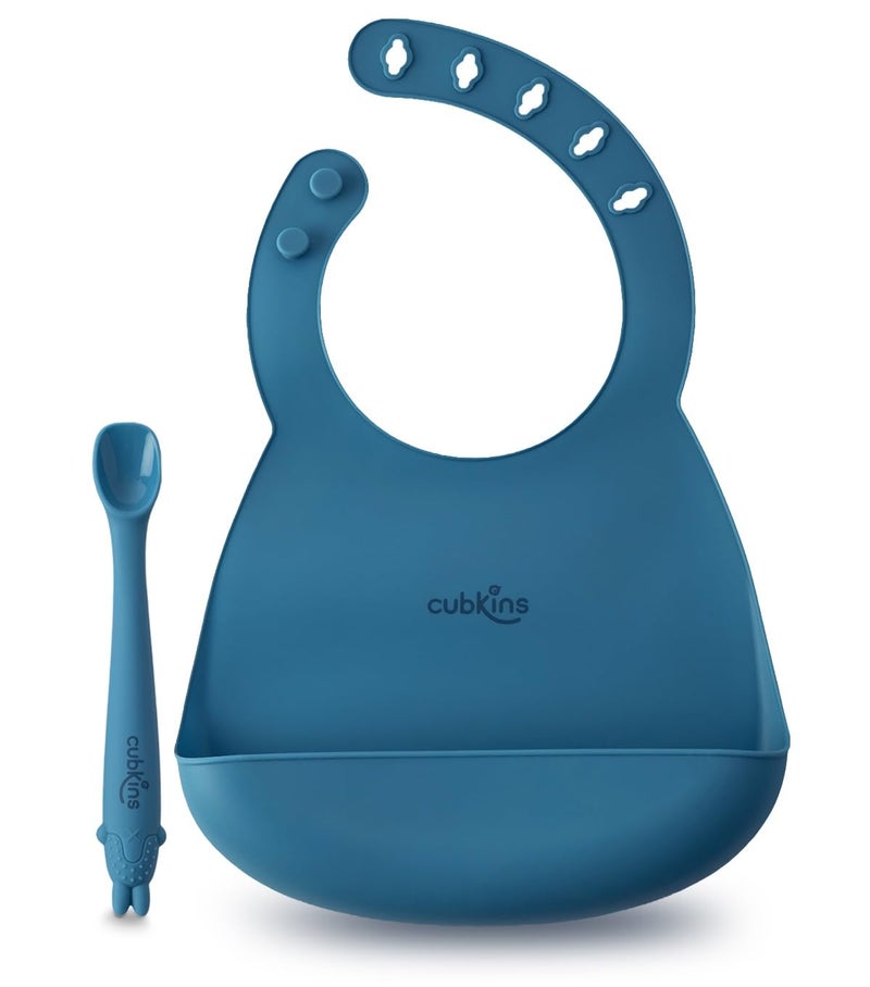 CUBKINS Silicone Baby Bib for Feeding & Weaning Babies, Toddlers with Early Feeding Bendable Spoon | Washable & Reusable, Non-Messy Easy to Clean, Adjustable Neckline with Buttons (Blue Olive) - Image 1