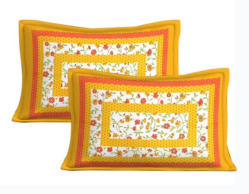 EarlyMart Cotton Rajasthani Jaipuri Traditional Floral King Size Double Bedsheet with 2 Pillow Covers Yellow - Image 3