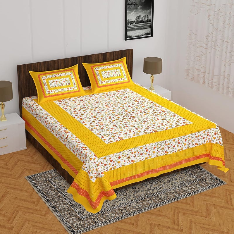 EarlyMart Cotton Rajasthani Jaipuri Traditional Floral King Size Double Bedsheet with 2 Pillow Covers Yellow - Image 2