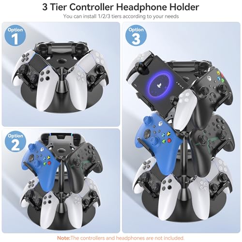 Kosker Headset Stand 3 Tiers for Desk, Rotatable Gaming Controller Stand for PS5/PS4/Xbox/Switch2/PS Portal/Phone, Universal PC Gamer Gift Accessory Controller/Headphone Holder for 9 Packs Controller - Image 2