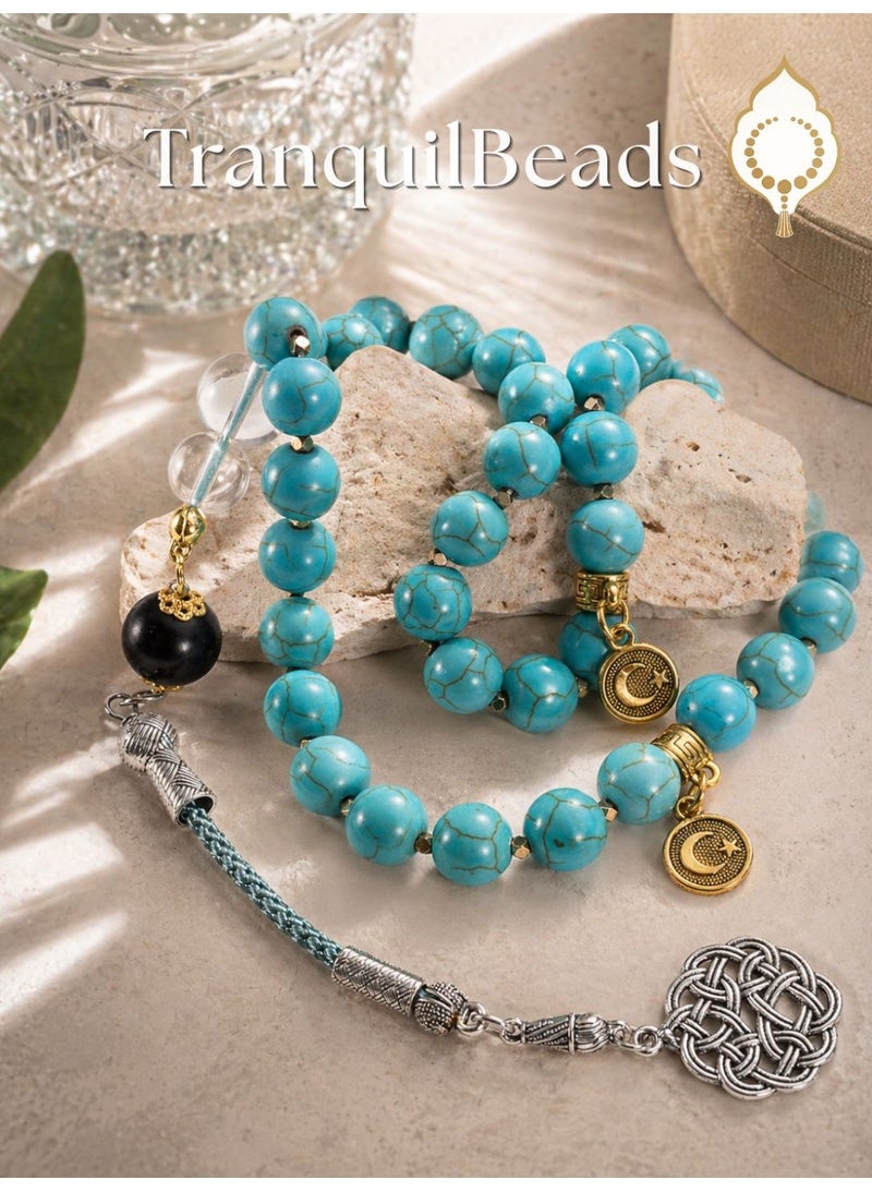 TranquilBeads Natural Turquoise Tasbih Prayer Beads 33 Beads 8mm Premium Stone Misbaha with Tassel Islamic Gift for Men Women Ramadan Eid Birthday Luxury Collectible - Image 1