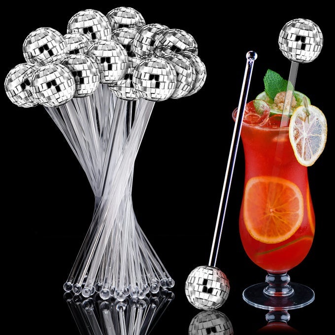 24 PCS DISCO BALLS COCKTAIL STIRRERS PLASTIC ROUND TOP SWIZZLE STICKS CAKE POPS MIRROR BALL COFFEE BEVERAGE STIRRERS FOR HOME BAR COFFEE SHOP USE TRANSPARENT