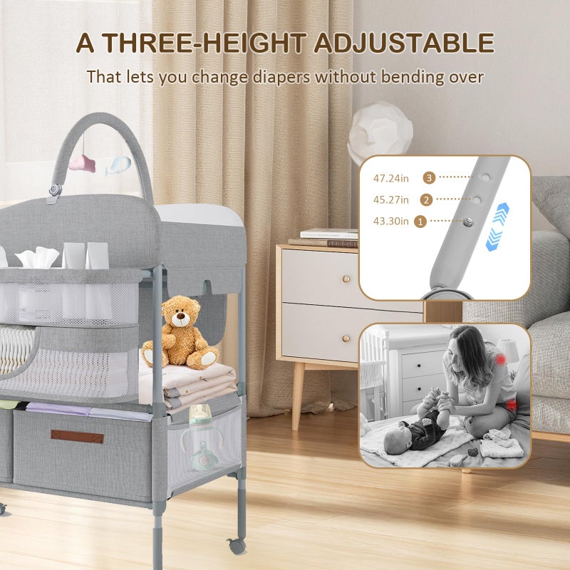 SMLXLXX Baby Changing Table,Versatile Folding Changing Table,Waterproof/Foldable/Height Adjustable/Movable/with Silent Wheels/2 Drawers Diaper Changing Station,Mobile Nursery Organizer for Newborn Essentials - Image 3