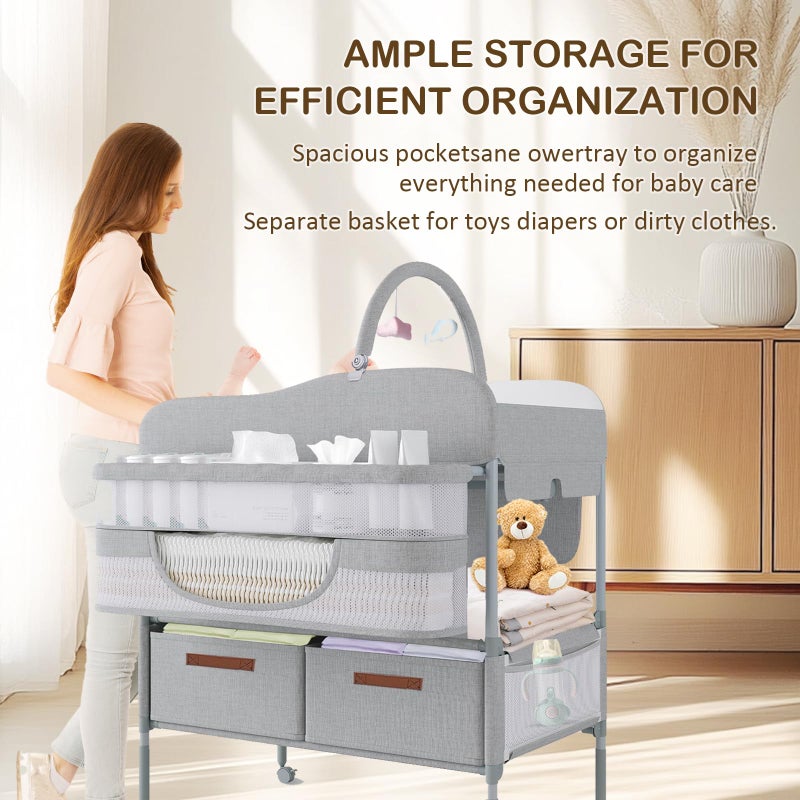 SMLXLXX Baby Changing Table,Versatile Folding Changing Table,Waterproof/Foldable/Height Adjustable/Movable/with Silent Wheels/2 Drawers Diaper Changing Station,Mobile Nursery Organizer for Newborn Essentials - Image 5