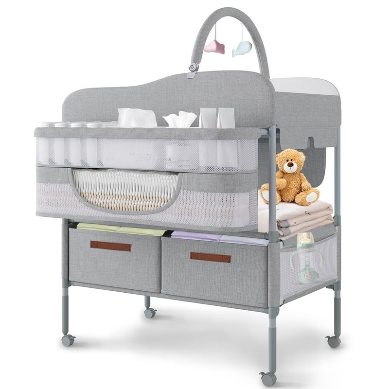 SMLXLXX Baby Changing Table,Versatile Folding Changing Table,Waterproof/Foldable/Height Adjustable/Movable/with Silent Wheels/2 Drawers Diaper Changing Station,Mobile Nursery Organizer for Newborn Essentials - Image 1