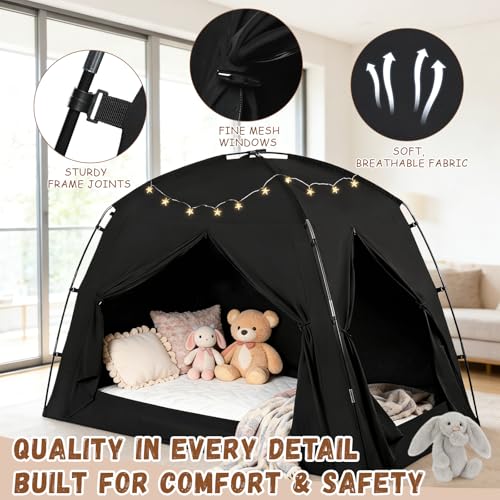 jiangcha Bed Tents for Kids and Adults, Portable 100% Breathable and 93% Blackout Dream Play Tent, 3 Doors Big Privacy Space Sleeping Canopy for Floor or Twin Full Queen Sizes Bed (Black, Twin-Size) - Image 3
