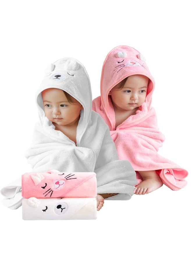 kiddook Baby Bath Towel,2 Pack Hooded Babie Towels for Newborn,Infant,Toddler,Ultra Absorbent Soft (White Bear+Pink cat) - Image 1