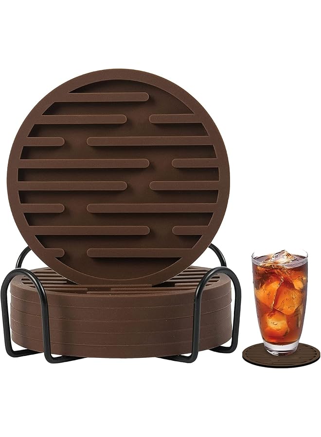 The Bros Silicone Coasters, Coasters for Drinks 8 Set Non-Slip Cup Coasters, Heat Resistant Cup Mate, Soft Coaster for Tabletope Protection, Furniture from Damage (Brown) - Image 1