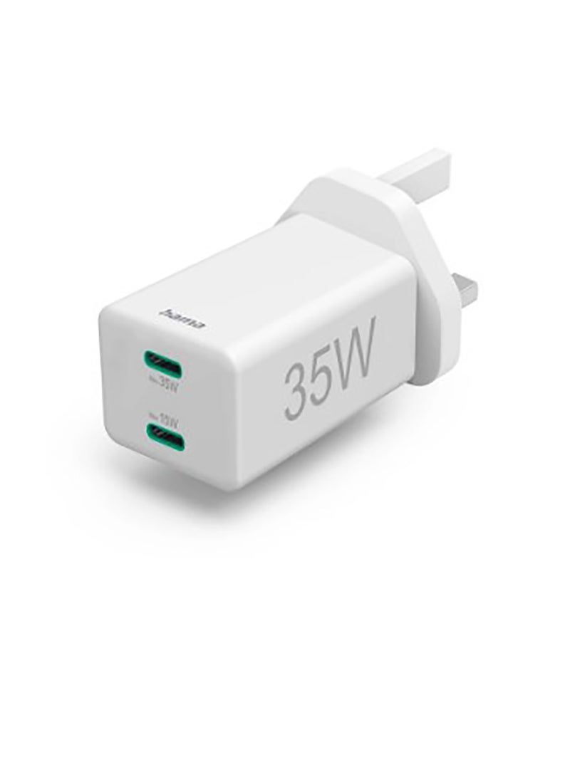 هاما طقم شاحن صغير من المملكة المتحدة بقوة 35 وات مع منفذي USB-C / شاحن حائط / شاحن سريع / شاحن USB 3 أمبير - أبيض