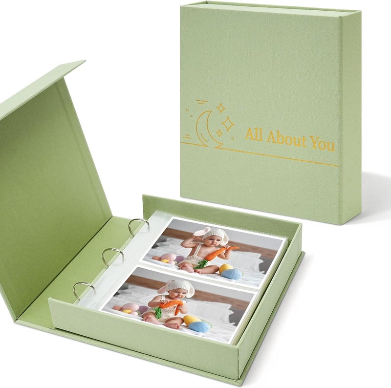 Hiwhy 4x6 Photo Storage Box with 3-Ring Slip-In Binder Album, Linen Organizer with Gold Foil Cover, Holds 205 Photos for Travel, Wedding & Memory Keeping, Light Green - Image 1