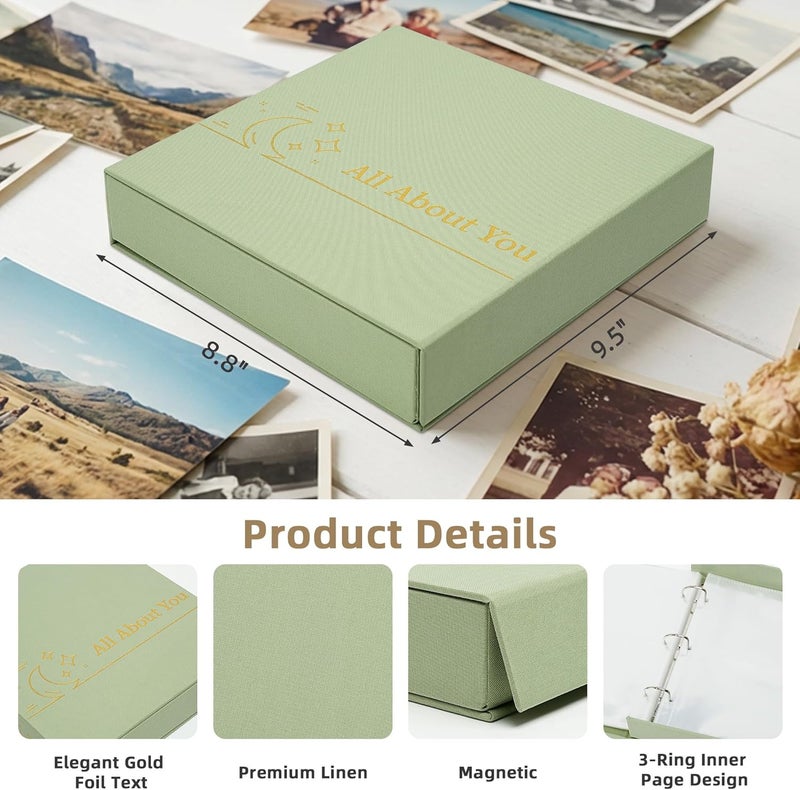 Hiwhy 4x6 Photo Storage Box with 3-Ring Slip-In Binder Album, Linen Organizer with Gold Foil Cover, Holds 205 Photos for Travel, Wedding & Memory Keeping, Light Green - Image 3