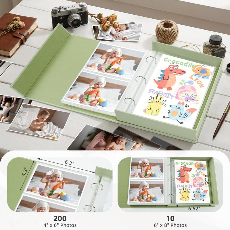 Hiwhy 4x6 Photo Storage Box with 3-Ring Slip-In Binder Album, Linen Organizer with Gold Foil Cover, Holds 205 Photos for Travel, Wedding & Memory Keeping, Light Green - Image 2