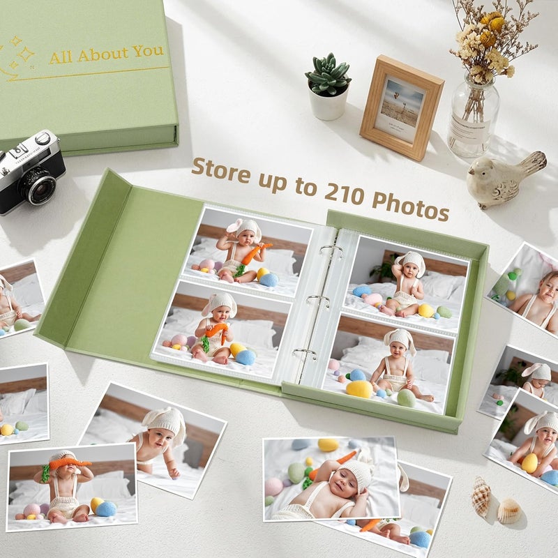 Hiwhy 4x6 Photo Storage Box with 3-Ring Slip-In Binder Album, Linen Organizer with Gold Foil Cover, Holds 205 Photos for Travel, Wedding & Memory Keeping, Light Green - Image 5