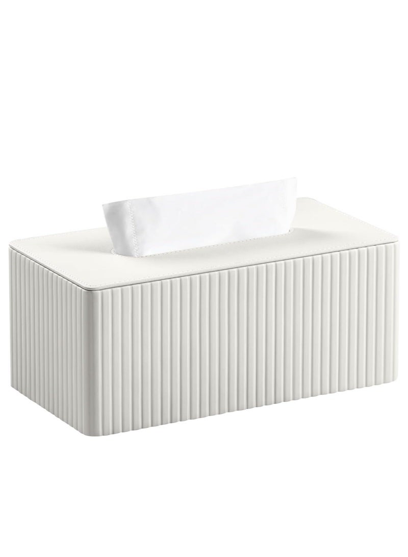 Captaintech Rectangular Leather Tissue Box Cover, Stylish Tissue Box Holder with Magnetic Bottom, Decorative PU Tissue Box for Vanity Dresser Night Stand Table Countertop Home Office Car (White Stria) - Image 1