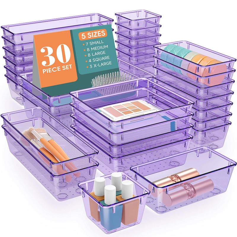 WOWBOX 30 PCS Clear Plastic Drawer Organizer Set 5 Sizes Desk Drawer Divider Organizers and Storage Bins for Makeup Jewelry Gadgets for Kitchen Bedroom Bathroom Office Purple