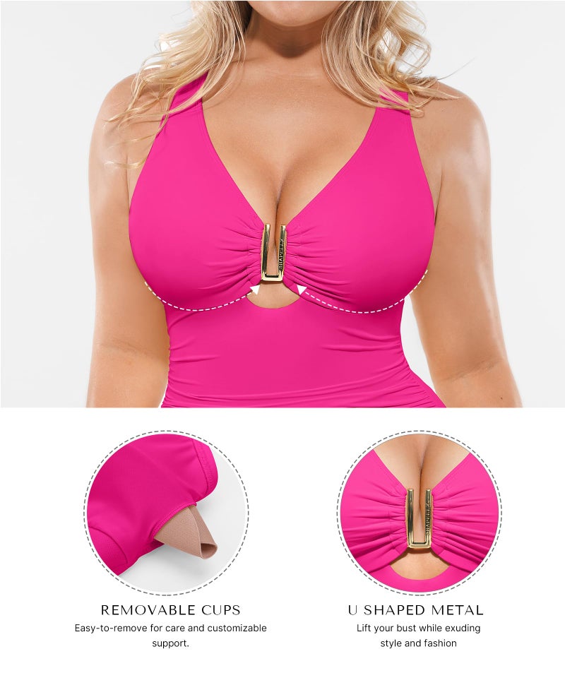 SHAPELLX Tummy Control Swimsuits Women One Piece Swimsuit Women Bathing Suit Slimming Swimwear with Built-in Bra Pink M - Image 4