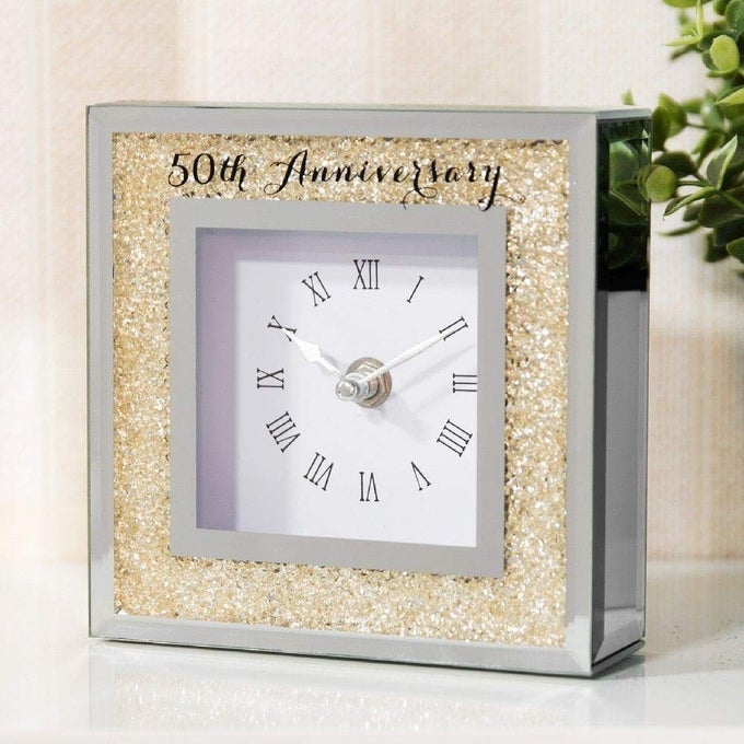 WIDDOP CO CELEBRATIONS GOLDEN CRYSTALS BORDER MIRROR GLASS MANTEL CLOCK 50TH ANNIVERSARY
