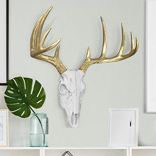 Wallcharmers Large White + Gold Antler Faux Deer Skull Decor - 21 inch Faux Taxidermy Animal Head Wall Decor - Handmade Farmhouse Decor - Image 2