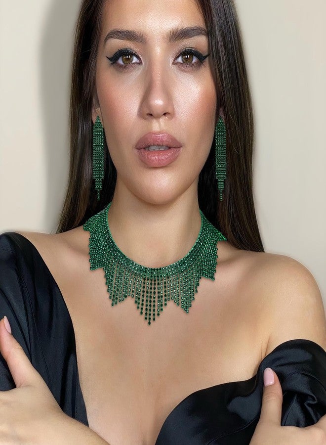 فلايونس طقم مجوهرات Flyonce مزين بشرابة مرصعة بأحجار الراين، قلادة شوكر مزينة بشرابة كريستالية لامعة، طقم أقراط ثريا باللون الأخضر - Image 2