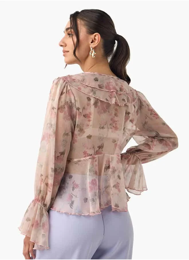 2Xtremz 2Xtremz All-Over Print V-neck Top with Ruffles