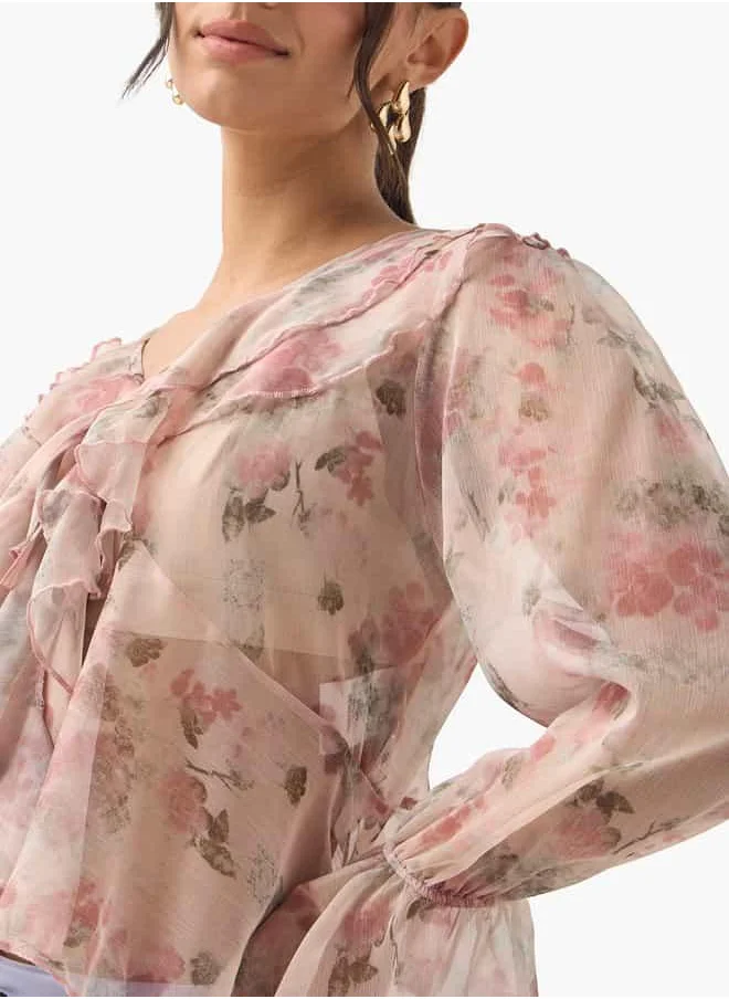 2Xtremz 2Xtremz All-Over Print V-neck Top with Ruffles