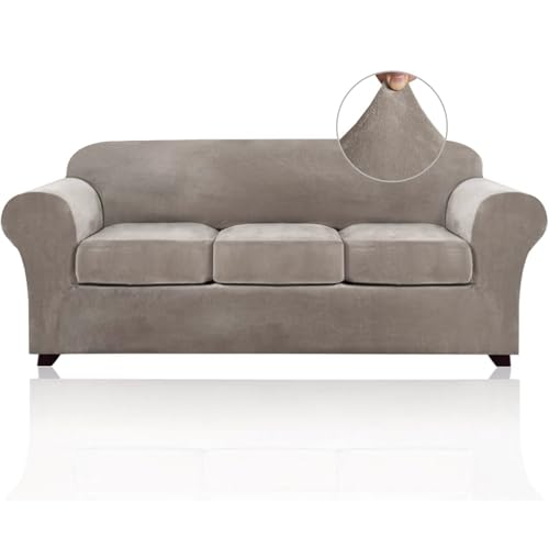 PrinceDeco Velvet Couch Covers for Sofa Soft 4 Pieces Couch Covers for 3 Cushion Couch Sofa Pet Friendly Furniture Protector with Non Slip Elastic Bottom Width Up to 90 Inch(Large, Taupe) - Image 1