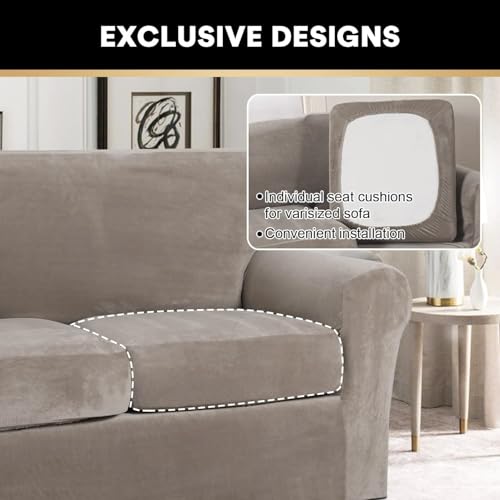 PrinceDeco Velvet Couch Covers for Sofa Soft 4 Pieces Couch Covers for 3 Cushion Couch Sofa Pet Friendly Furniture Protector with Non Slip Elastic Bottom Width Up to 90 Inch(Large, Taupe) - Image 5