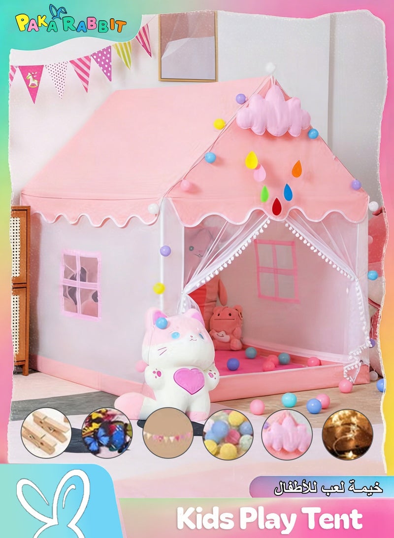Paka Rabbit Children's game tent with star lights, ball lights, colorful flags and butterfly decorations for girls, large fairy tale playhouse, suitable for children's princess castle tent gift toys, suitable for girls, toddlers and children's playhouse（Size 51" x 47" x 41") - Image 1