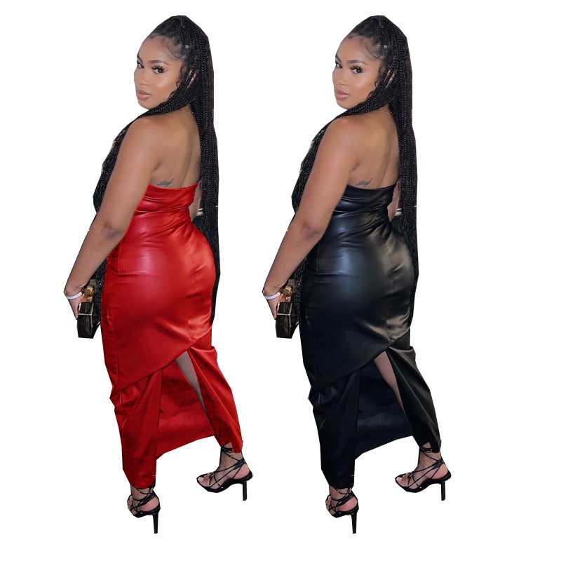 4646 Clothing With Rubber Band To Wrap The Chest, Zipper On The Side, Slit On The Back, Pu Long Dress With Leather Skirt - Image 4