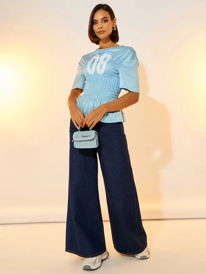 Take Two Graphic Print Round Neck Smocking Detail T-Shirt