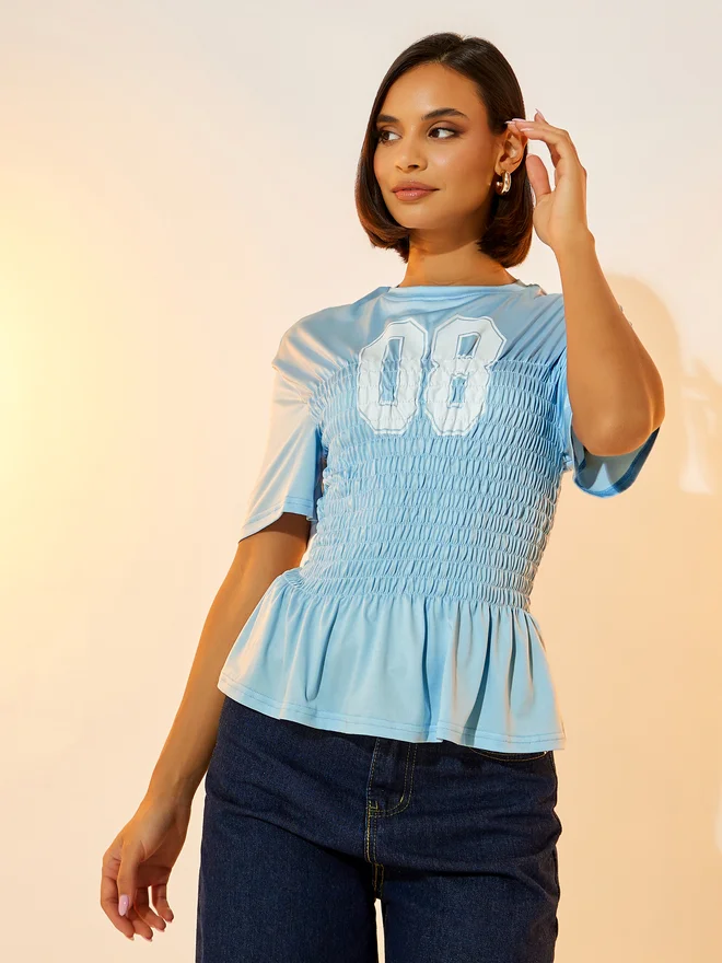 Take Two Graphic Print Round Neck Smocking Detail T-Shirt