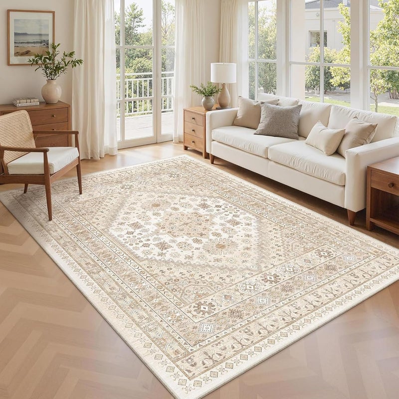LIODUX Boho Area Rugs, Ultra-Thin Washble Rug, Bohemian Vintage Carpet, Anti Slip Backing Rugs for Living Room, Bedroom, Vintage Office Decor Area Rug (Beige, 120 x 180 cm (Rectangular)) - Image 1