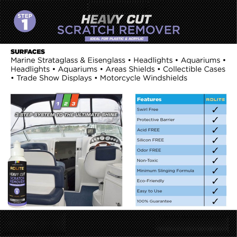 Rolite Heavy Cut Scratch Remover, 4 fl. oz., for Plastic & Acrylic Surfaces, Marine Strataglass, Eisenglass, Headlights, Aquariums, Low Sling Formula, Professional Finish - Image 3