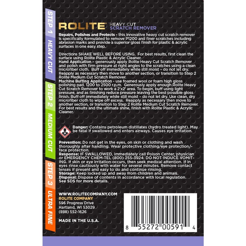 Rolite Heavy Cut Scratch Remover, 4 fl. oz., for Plastic & Acrylic Surfaces, Marine Strataglass, Eisenglass, Headlights, Aquariums, Low Sling Formula, Professional Finish - Image 1