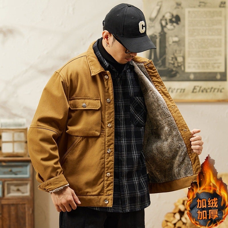 American Style Retro fleece-lined Thickened Denim Jacket Mens Winter Loose Fashion Brand Fashionable Handsome Work Warm Jacket for Men Yellow high-quality three-dimensional pocket denim jacket [plus velvet]