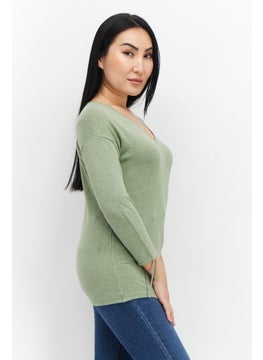 Zero Women V-Neck Long Sleeve Textured Top, Olive  - Image 2