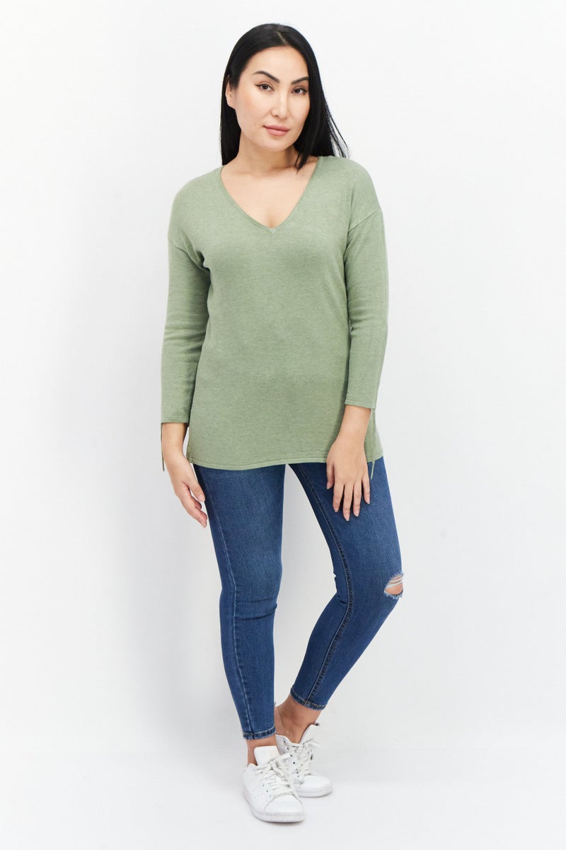 Zero Women V-Neck Long Sleeve Textured Top, Olive - Image 4