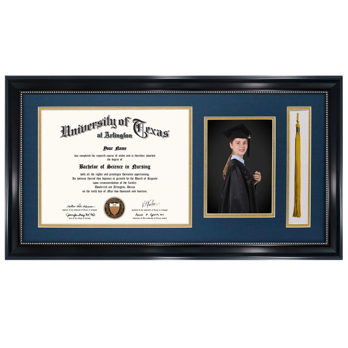 11X22 BLACK DIPLOMA FRAME WITH TASSEL HOLDER AND PICTURE FOR 85X11 CERTIFICATE 5X7 PHOTOREAL GLASSNAVY OVER GOLD MAT