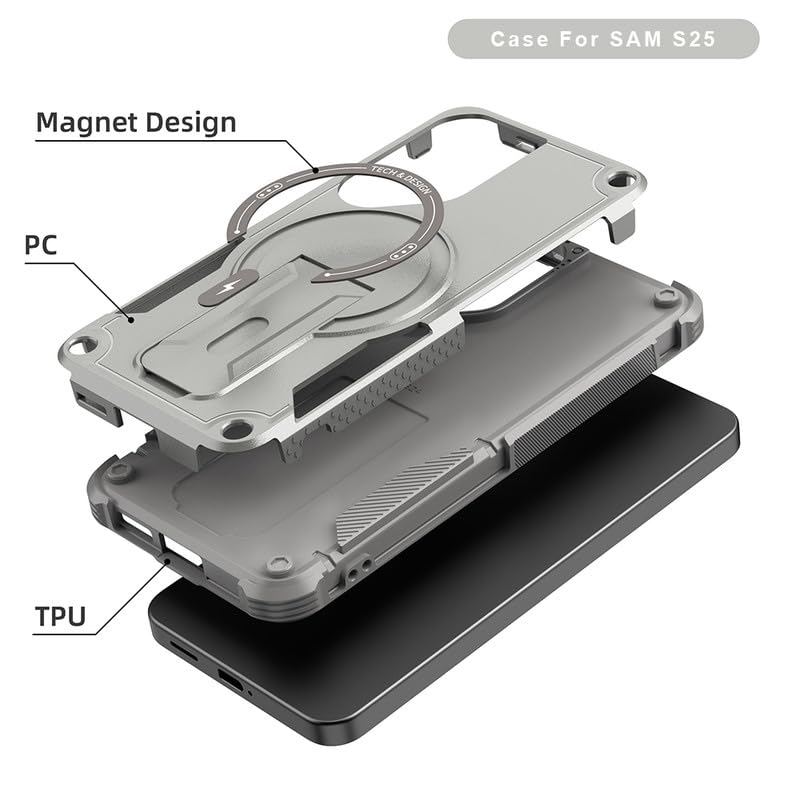 US LITE Back Cover for Samsung Galaxy S25 with Portable Kickstand | Mag-Safe Compatible Magnetic Case | Shockproof Military Grade Protection | Extreme Protection Phone Cover – Grey - Image 4