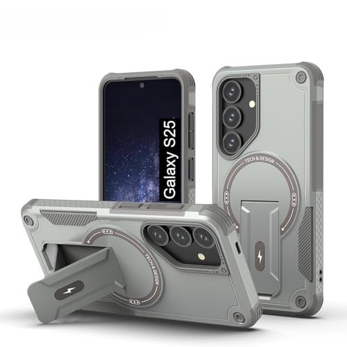 US LITE Back Cover for Samsung Galaxy S25 with Portable Kickstand | Mag-Safe Compatible Magnetic Case | Shockproof Military Grade Protection | Extreme Protection Phone Cover – Grey - Image 1