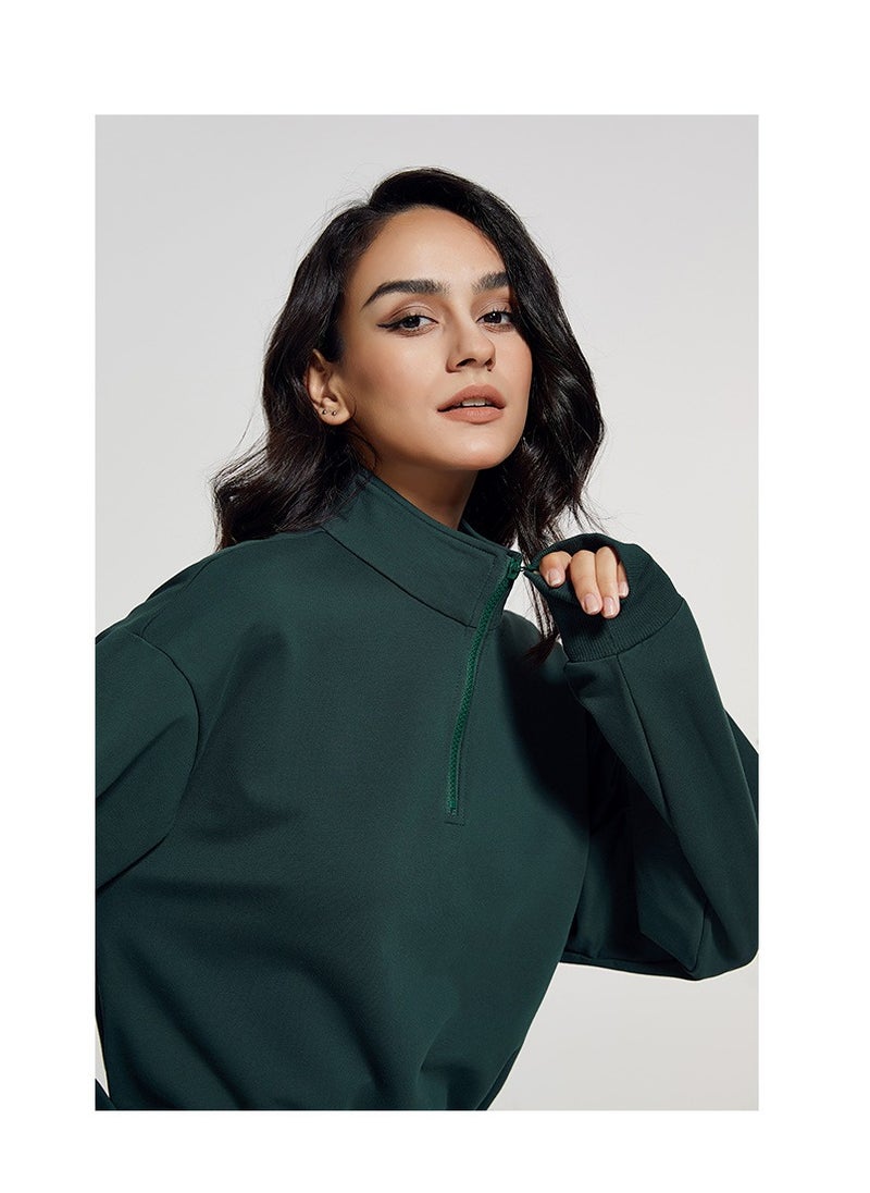 NIBEMINENT Fashion Stand Collar Fitness Hoodie Women Loose Zipper Drawstring Long Sleeve Yoga Dress Top T-shirt  - Image 1